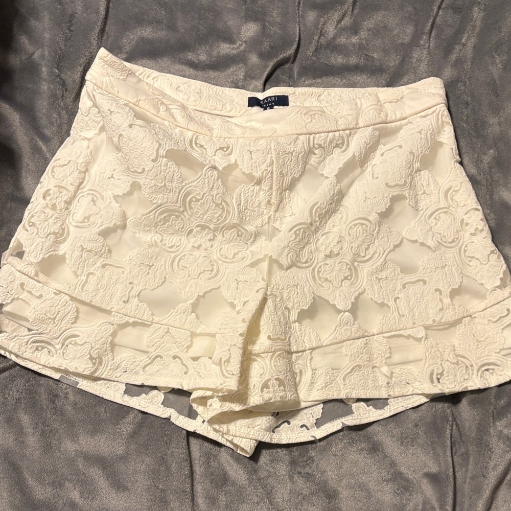 Kaari Blue Cream High Waist Lace Shorts